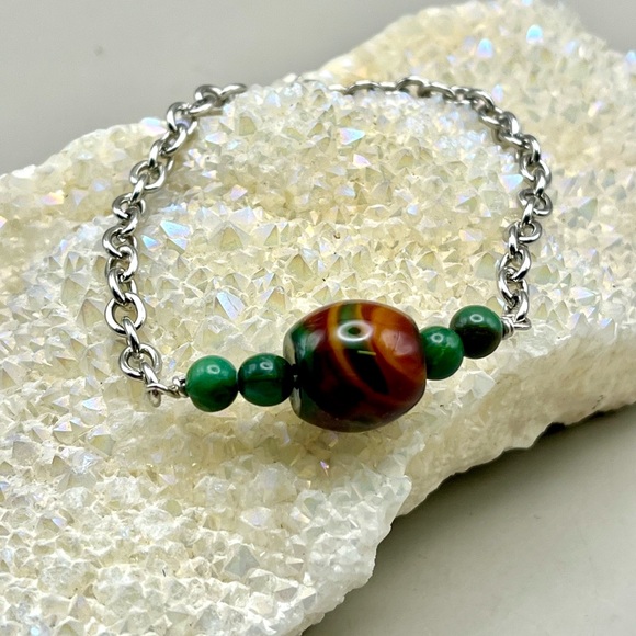 Artisan Jewelry - Elegant Silver Green Jade and Rust Marbled Beaded Bracelet -Unique Artisan Gift